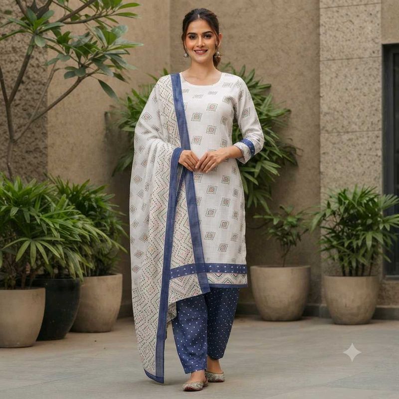 Elegant White &amp; Blue Printed Kurta Set