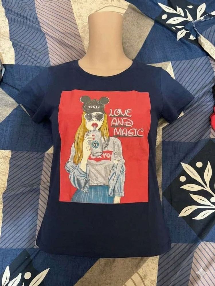 Cute Graphic Print Navy Blue T-Shirt