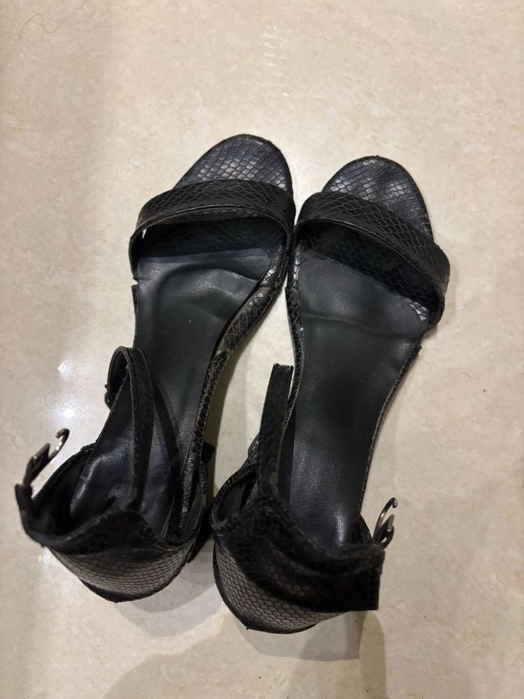 Black Faux Snakeskin Strappy Heels
