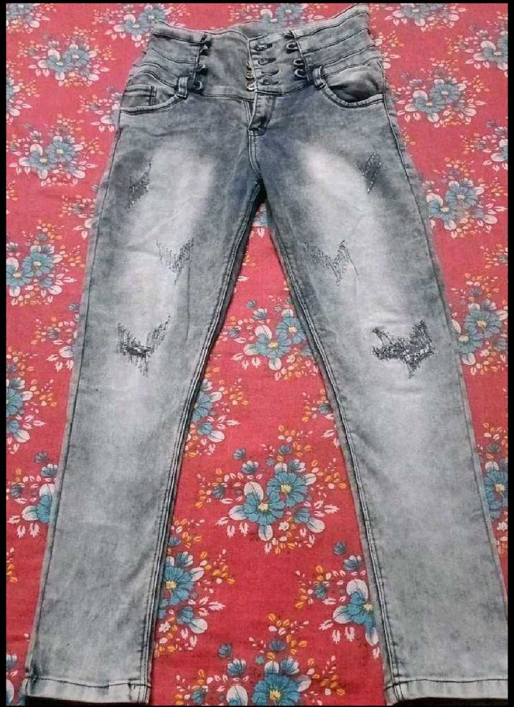 High Waisted Acid Wash Distressed Jeans