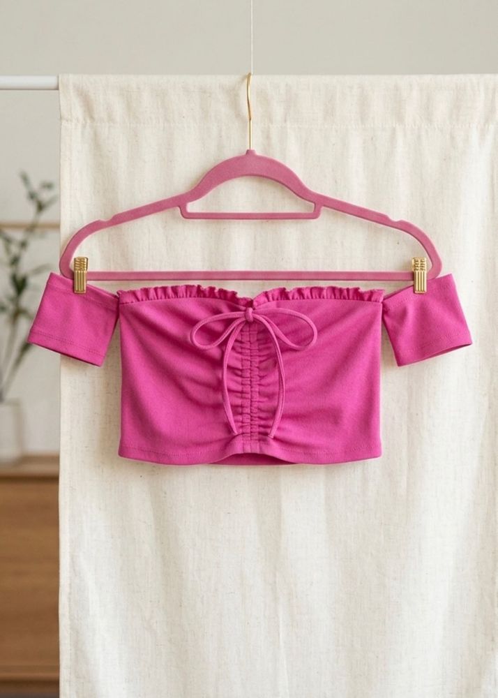 Pink Ruffle Off-Shoulder Ruched Top