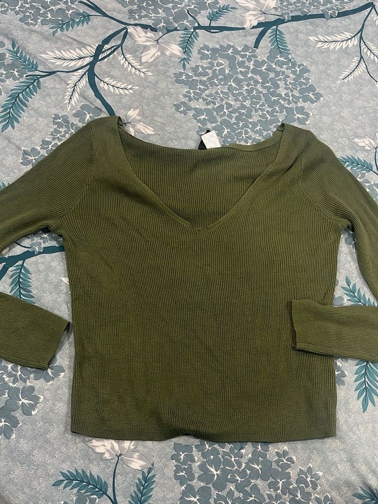Olive Green V-Neck Ribbed Sweater