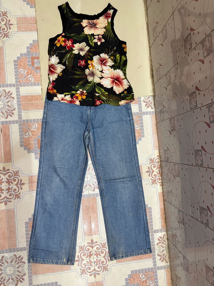 Floral Tank Top &amp; Denim Jeans Set