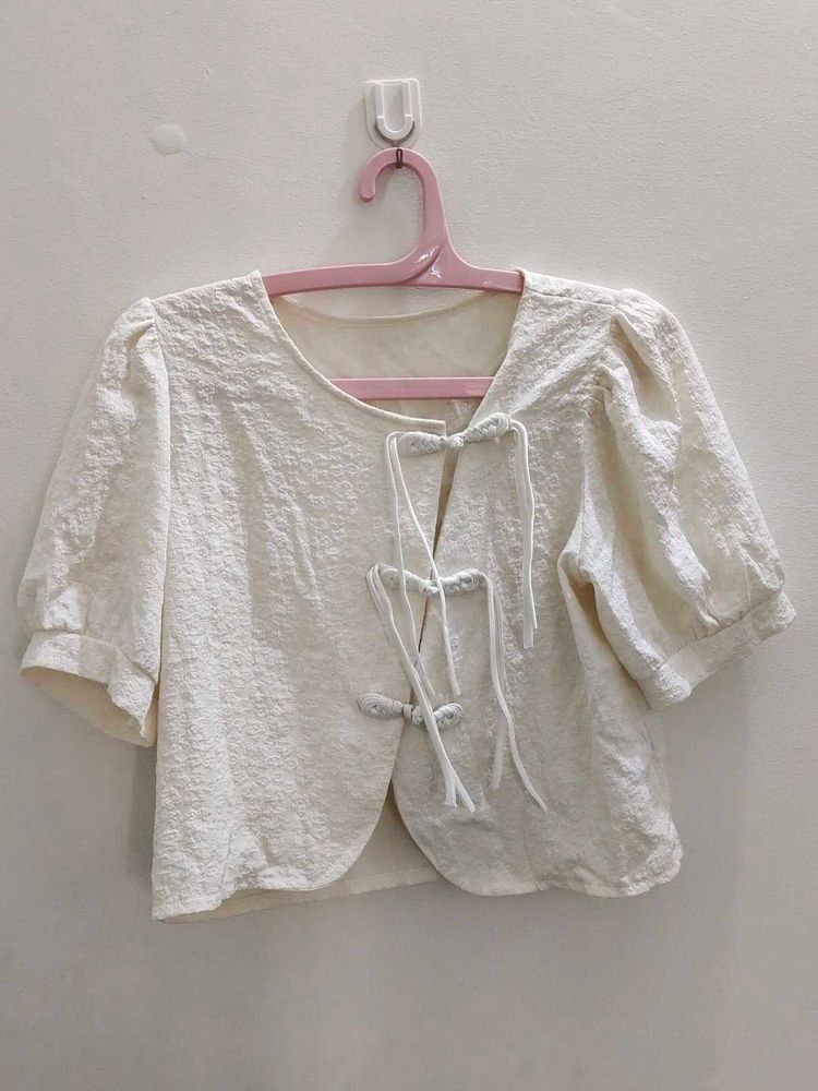 White Textured Cropped Blouse