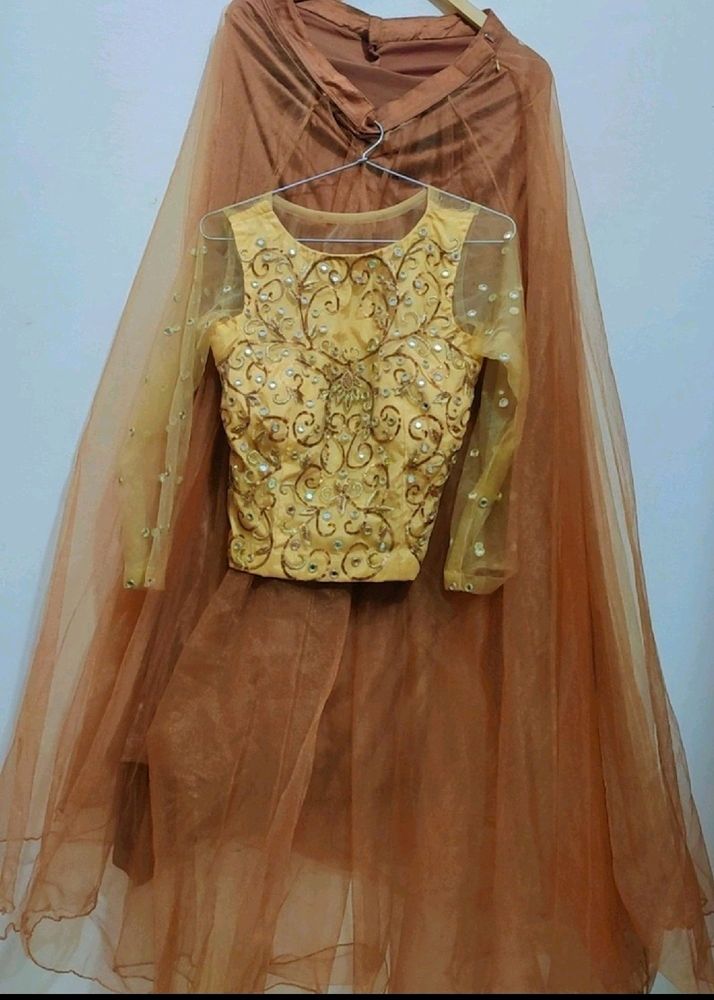Golden Blouse &amp; Brown Skirt Set For 30 Bust