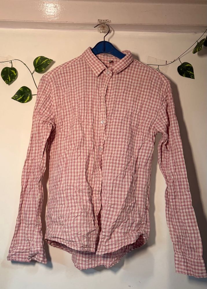 Gingham print baby pink colour shirt for women