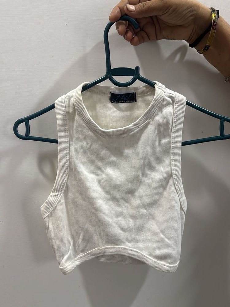 White Ribbed Crop Tank Top