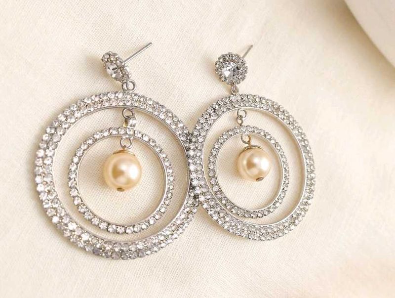 Elegant Double Hoop Silver Rhinestone Earrings wit