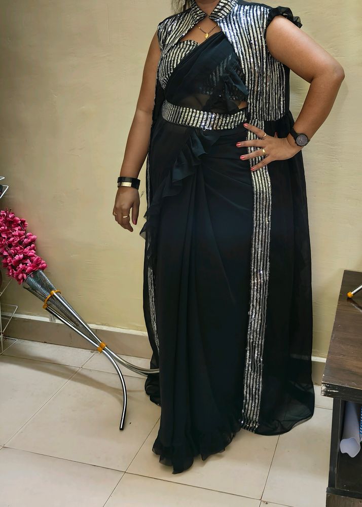 Mitera Black Sequence Belt Saree With Jacket