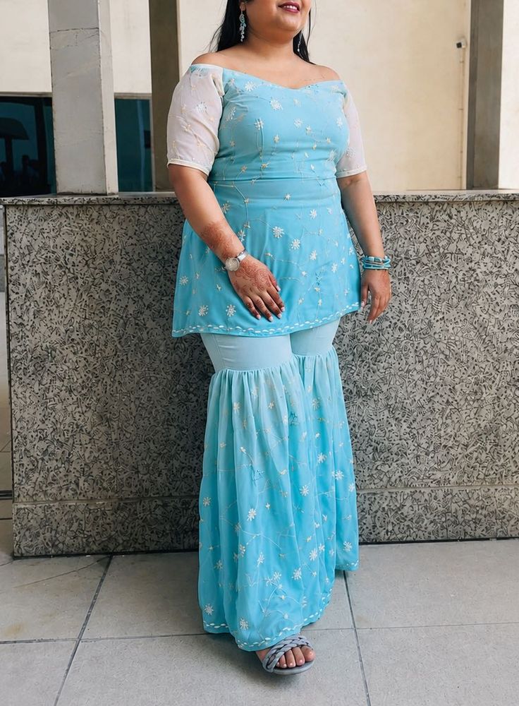 Sky Blue Embroidered Sharara Set