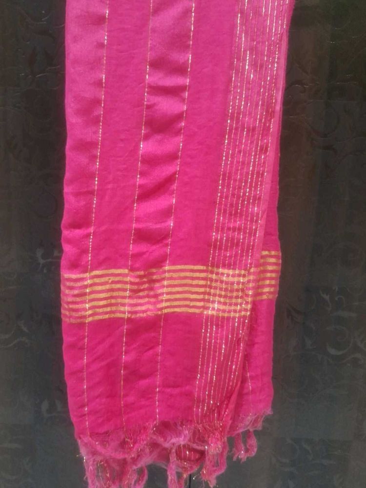 Vibrant Pink Dupatta with Gold Stripes