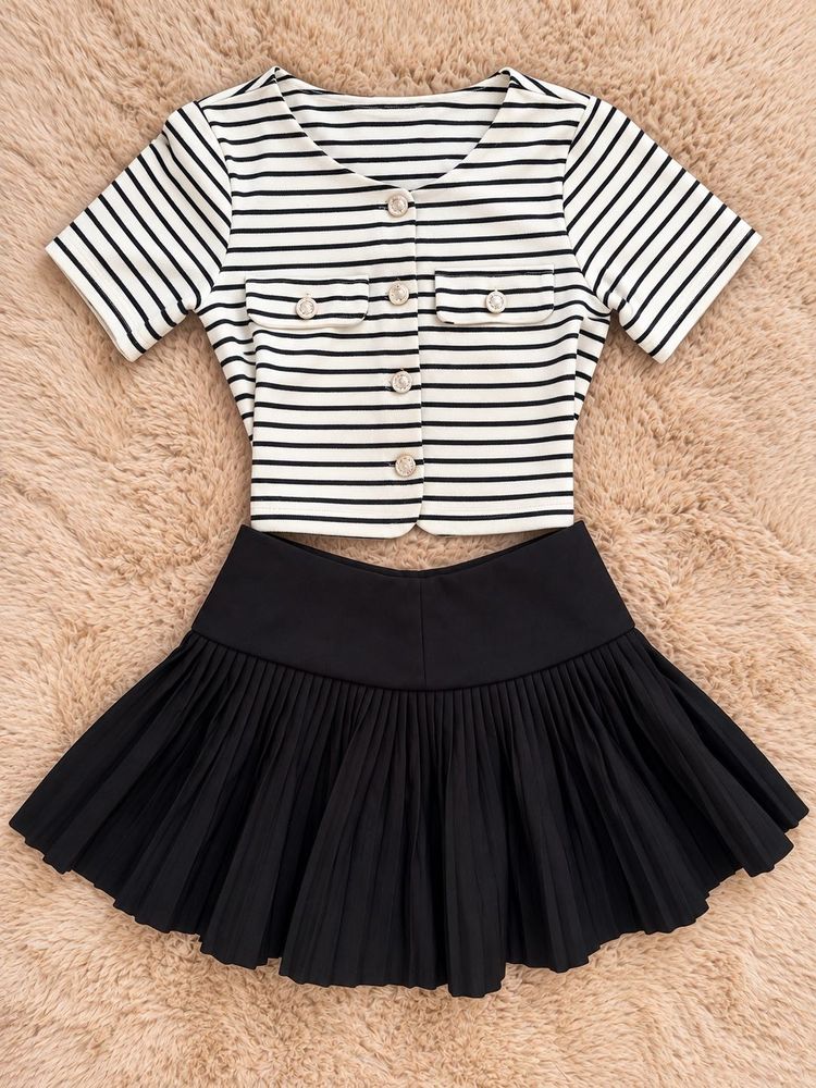 Striped Cropped Top &amp; Pleated Skirt Set