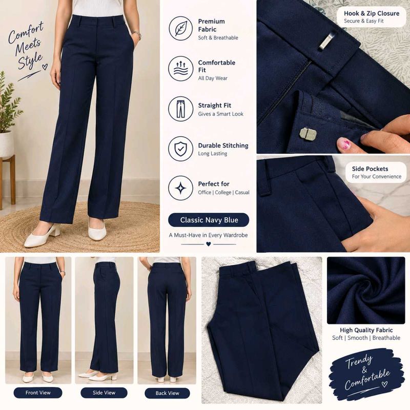 Classic Navy Blue Straight Fit Trousers