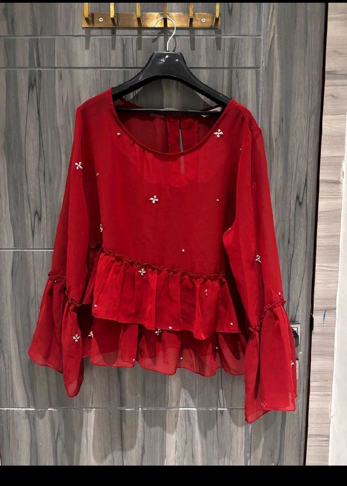 Red Peplum Blouse with Flared Sleeves