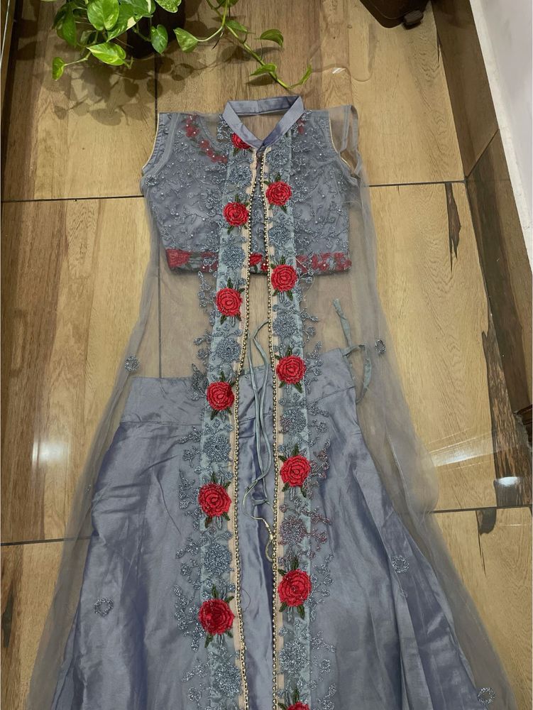 Grey Embroidered Lehenga Choli Set