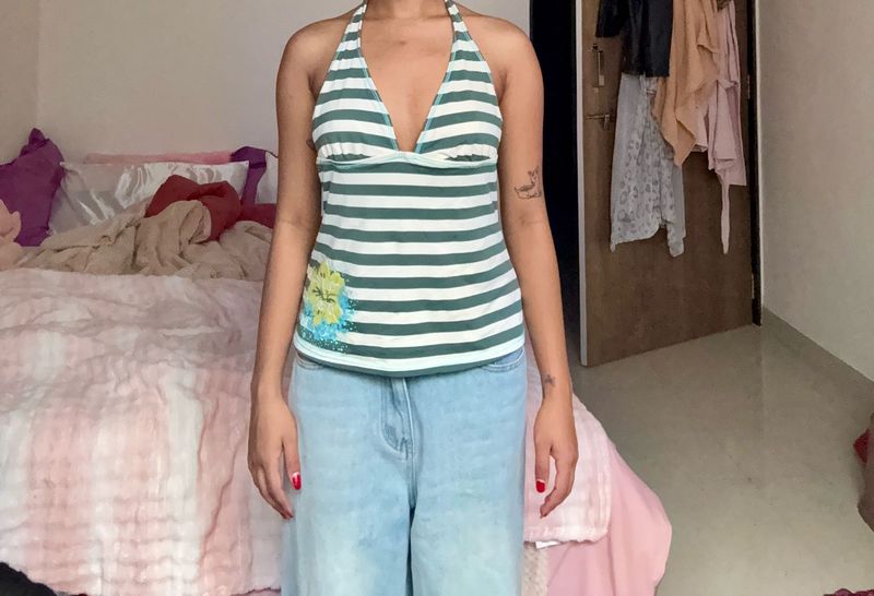 Green &amp; White Striped Halter Top
