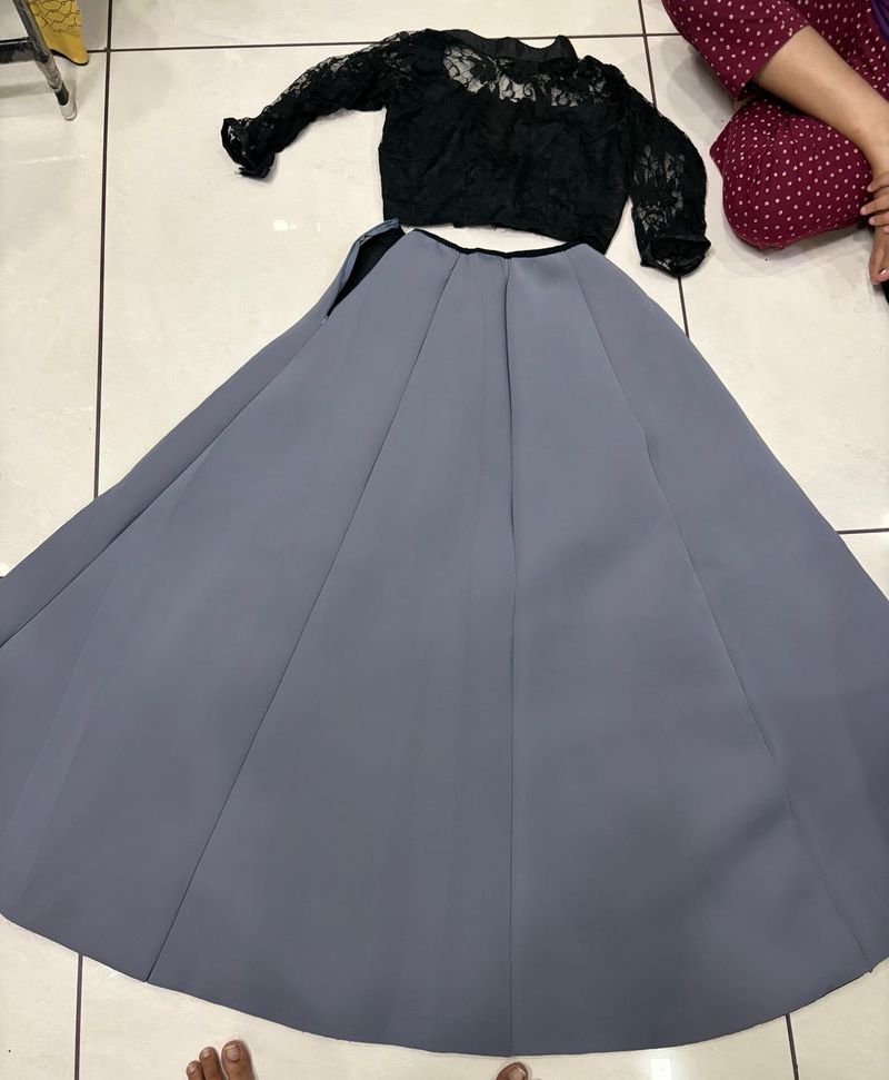 Elegant Lace Top &amp; Grey Skirt Set