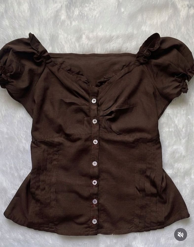 Brown Puff Sleeve Button-Up Top