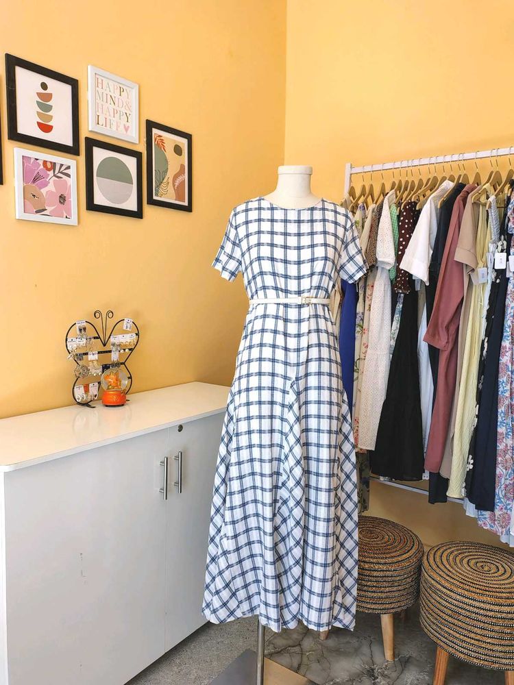 Blue Plaid Midi Dress