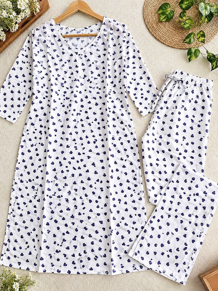 White Kurta with Navy Blue Hearts