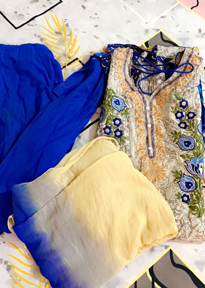 🔥SALE 🔥Blue And Cream Stiched Suit