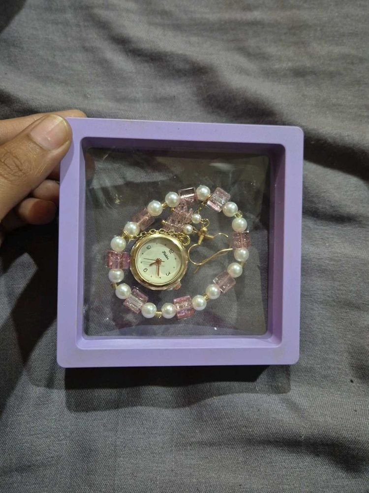 Elegant Pearl &amp; Pink Beaded Watch Bracelet
