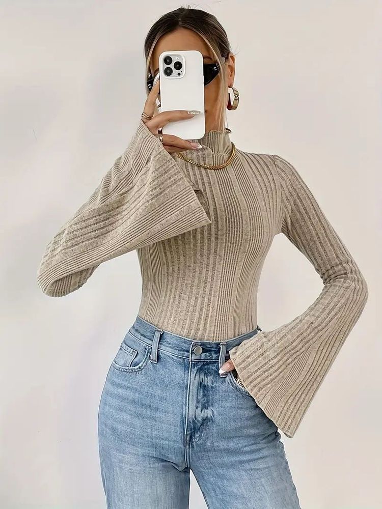 Ribbed Bell Sleeve Mock Neck Top