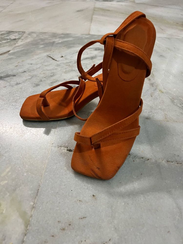 Orange Square Toe Heeled Sandals