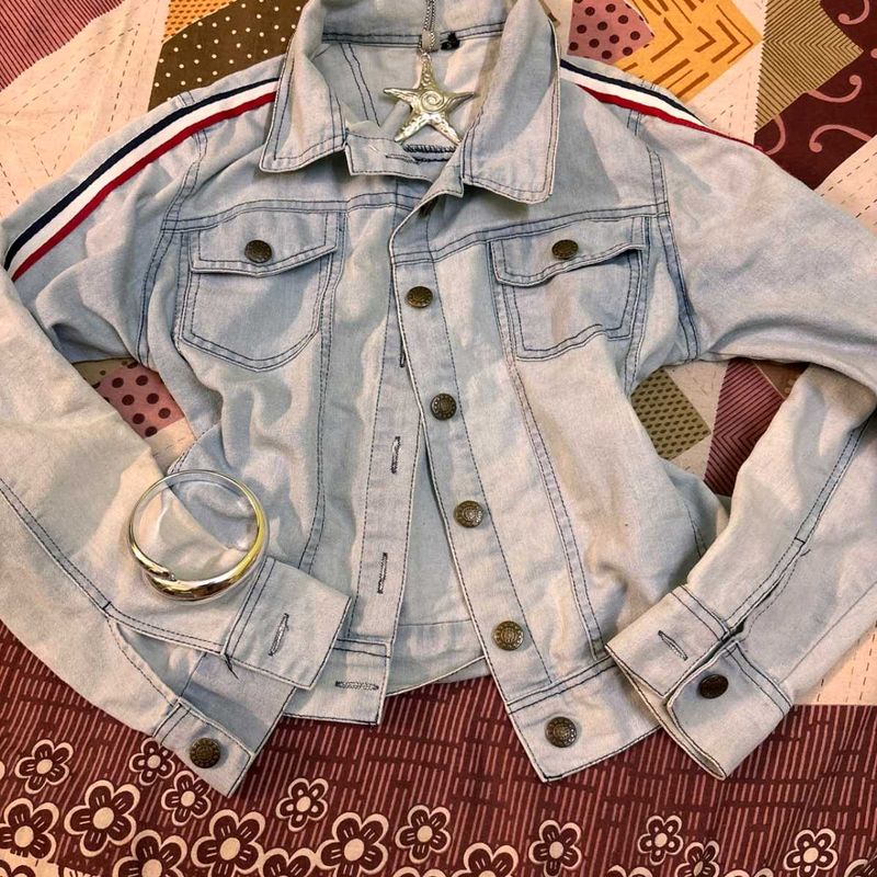 Y2K Denim Jacket with Striped Sleeves