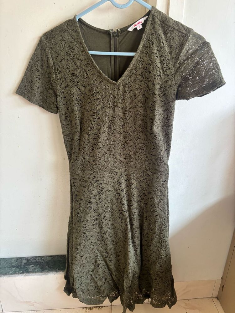 Olive Green Lace V-Neck Dress