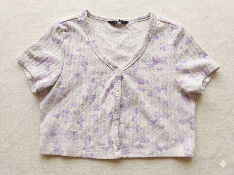 Cute Floral Print Button-Up Crop Top