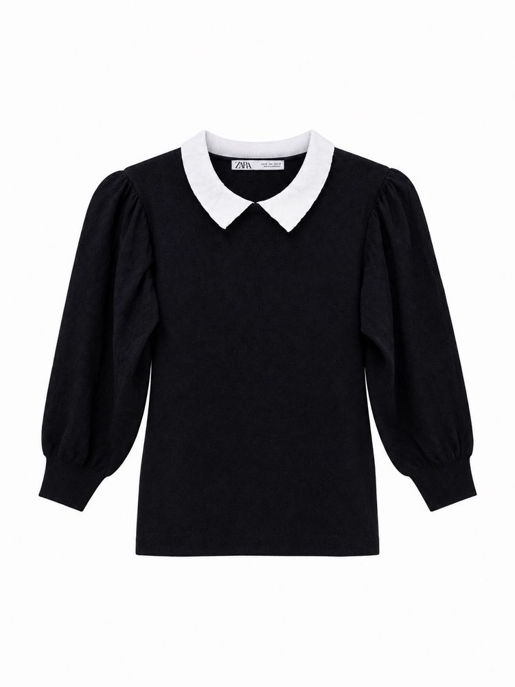 Zara Black Puff Sleeve Top with White Collar