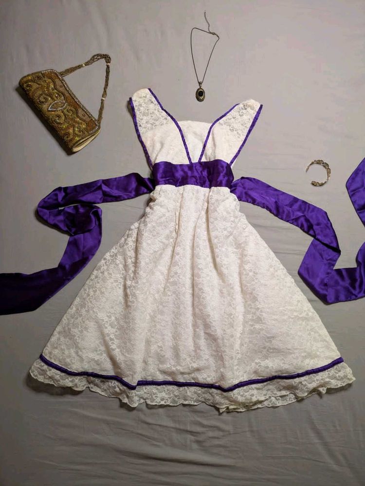 Elegant White Lace Dress with Purple Ribbon
