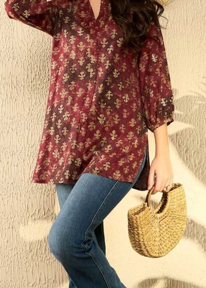 Maroon &amp; Gold Printed Tunic Kurta