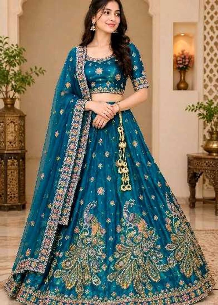 Stunning Teal Peacock Embroidered Lehenga Choli