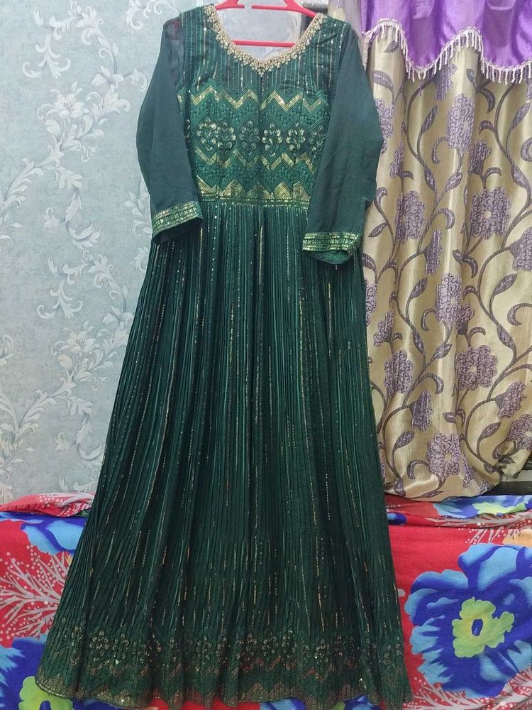 Green &amp; Gold Anarkali Dress