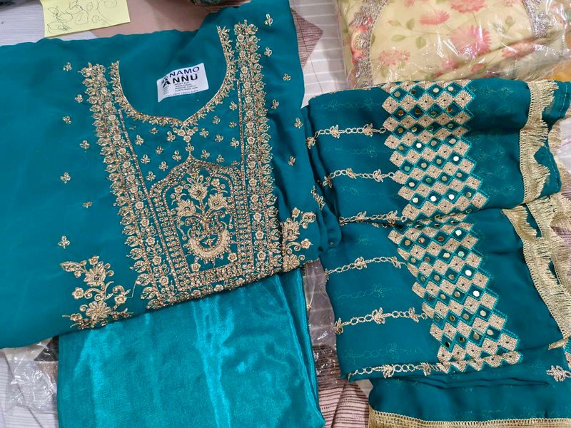 Teal Embroidered unstitched Kurta with Dupatta