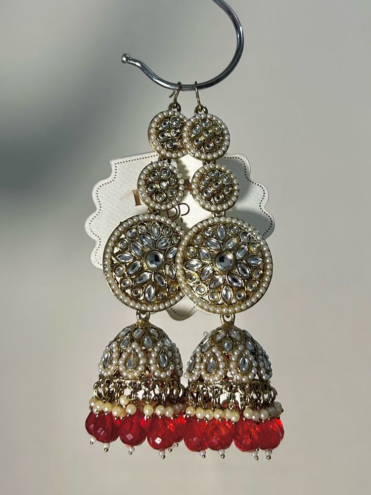 Kundan Pearl Jhumka Earrings with Red Beads