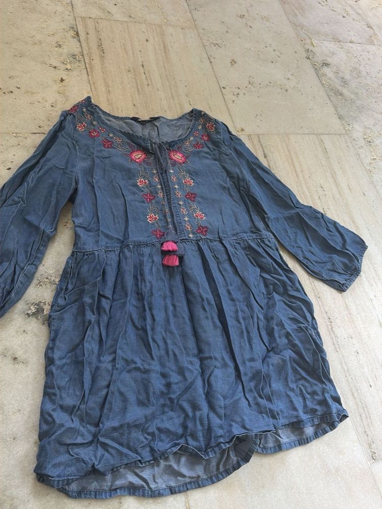 Embroidered Blue Denim Dress