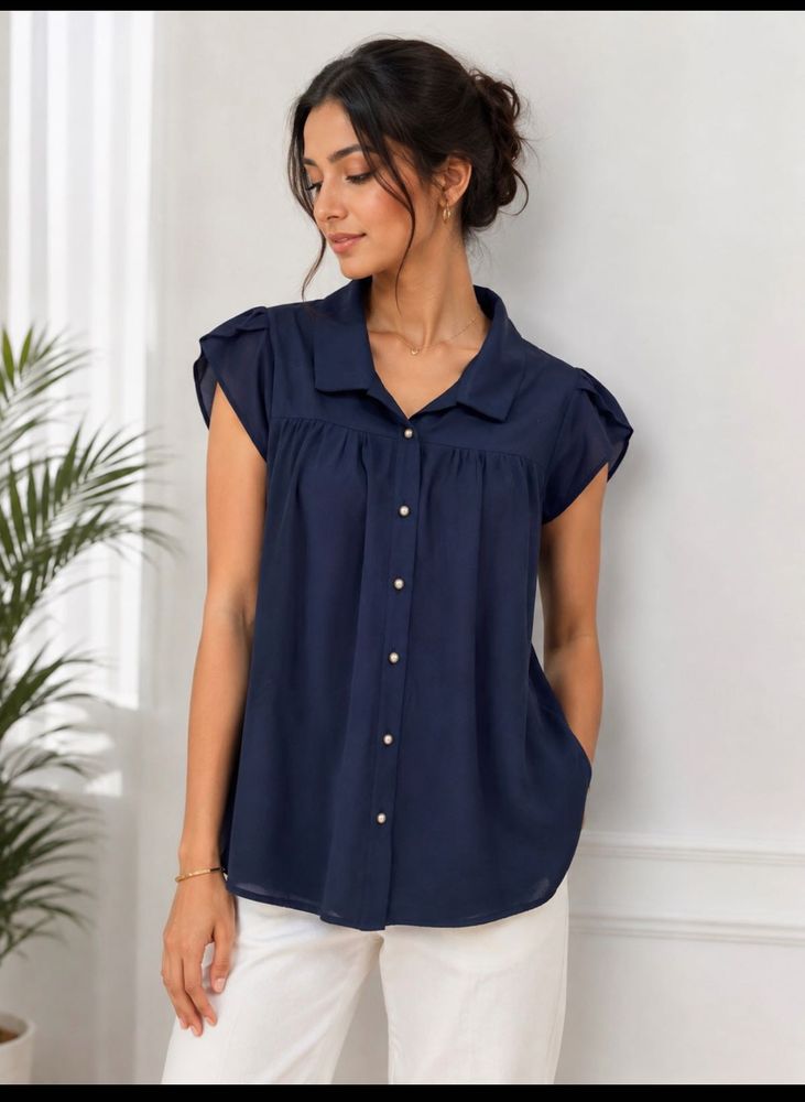 Flowy Navy Blue Gathered Workwear Top