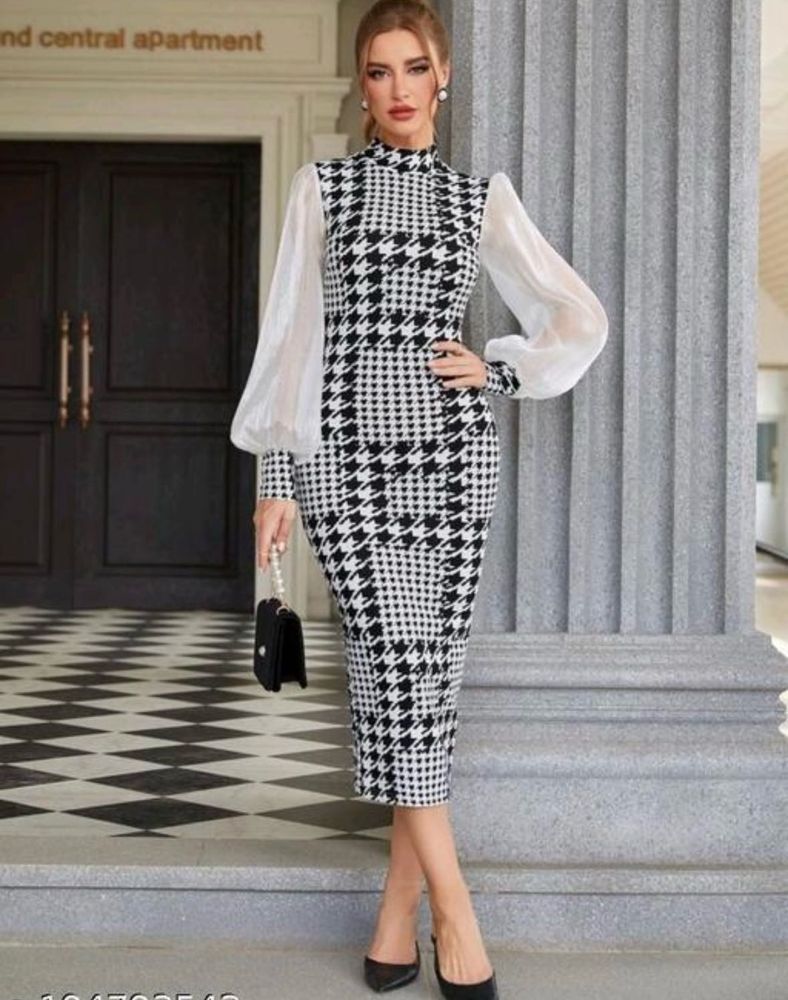 Houndstooth Midi Dress with Sheer Sleeves