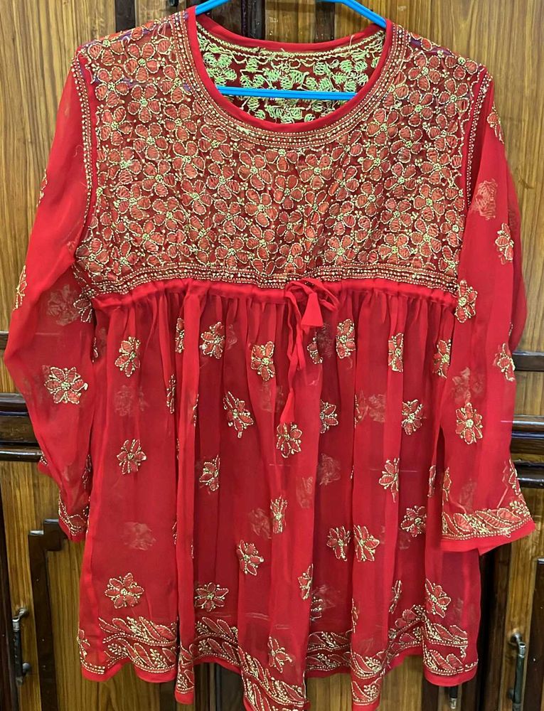 Red &amp; Yellow Embroidered Short Kurti