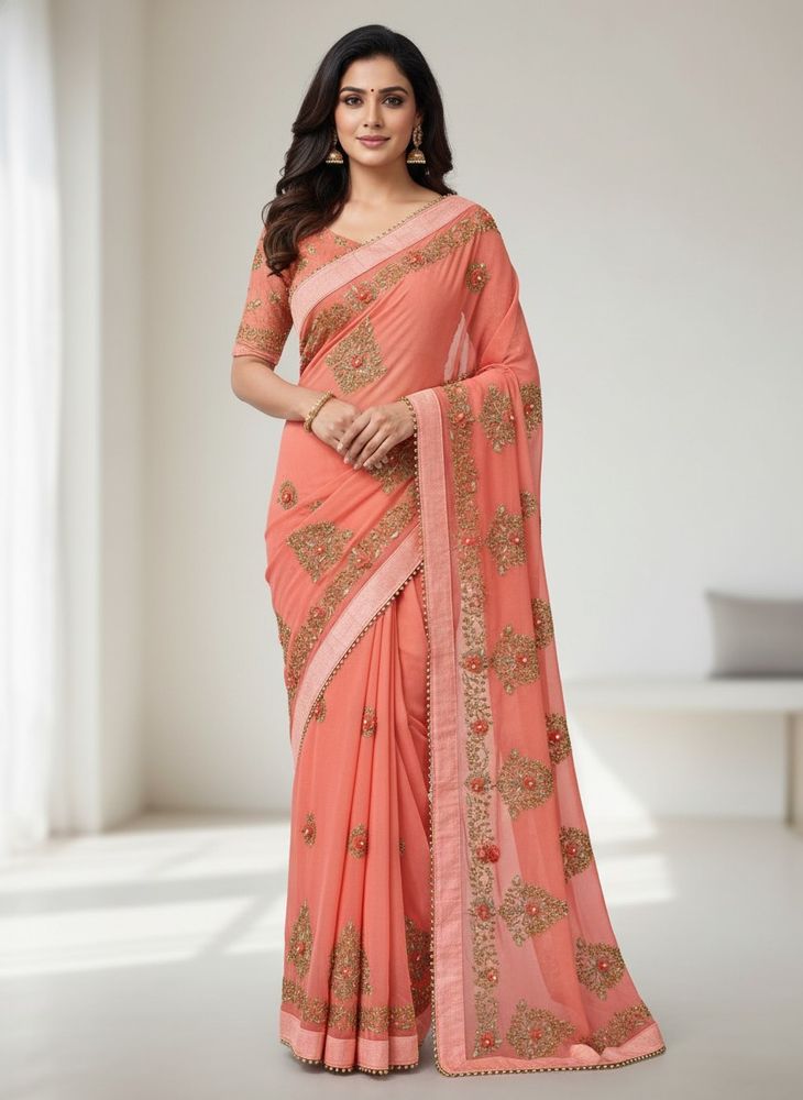 Beautiful Embroidered Peach Saree with Blouse