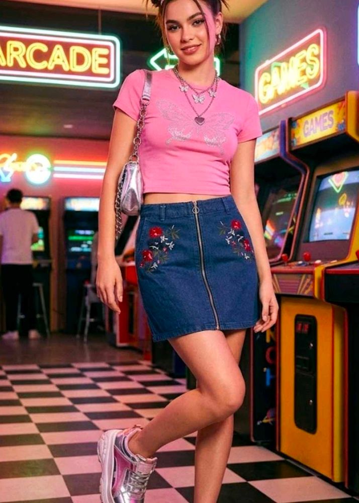 Embroidered Denim Mini Skirt with Zip Front