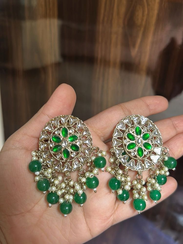 Green Kundan Chandbali Earrings