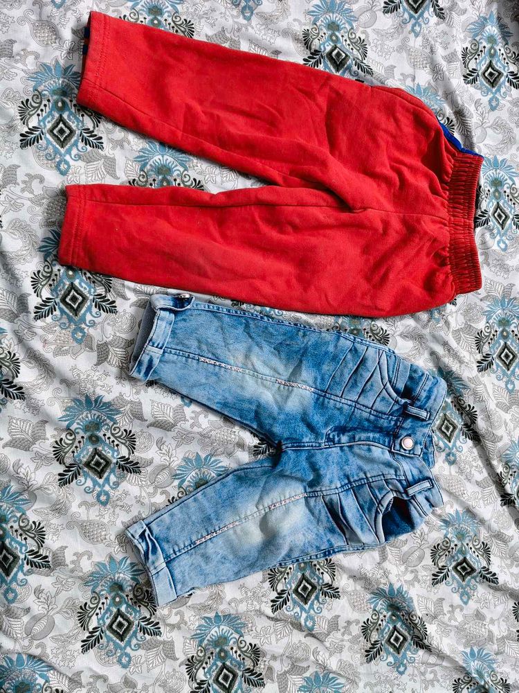 Two pants. Red Jogger Pant and blue jeans Capri fo