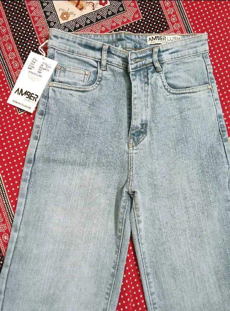 AMBER LUSH Ice Blue Straight Fit Denim Jeans.