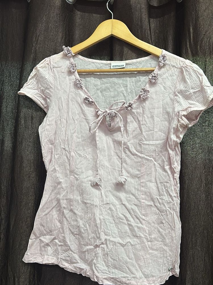 Cute Pink Striped Tie-Up Top