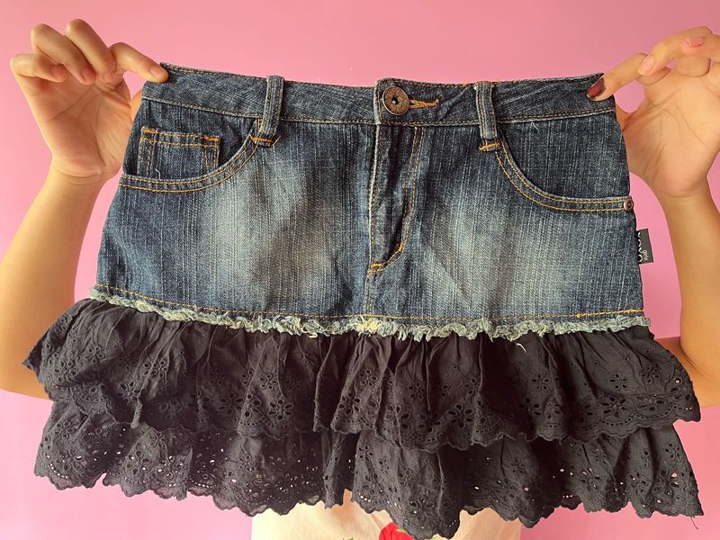 y2k denim Skirt with Lace Trim