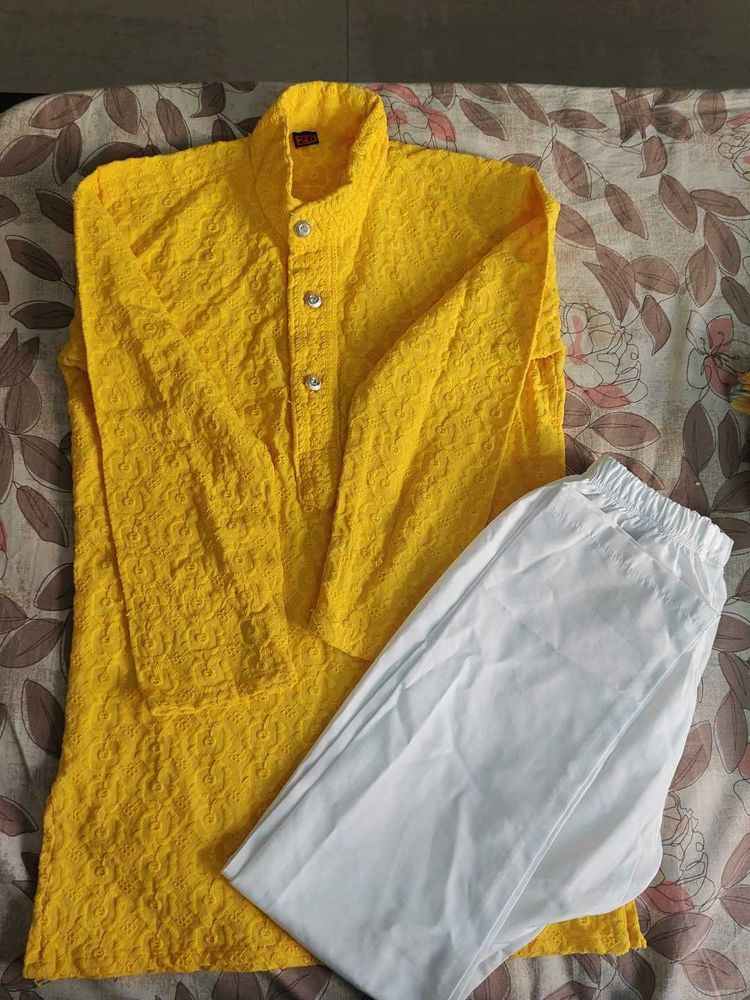 Kids Yellow Chikankari Kurta with Pants